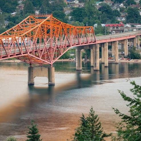 The orange steel truss of the Nelson bridge over the lake, with houses on the hillside and evergreen branches in the foreground.