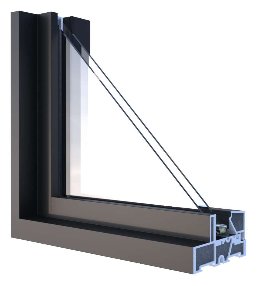 A corner of a dark fibreglass window cut open: the frame and sash in section, and two panes of sealed glass.