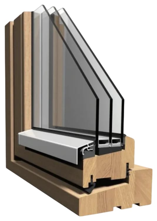 A corner of a wood window cut open: the frame and sash in solid wood, an aluminum sill cap, and three panes of sealed glass.